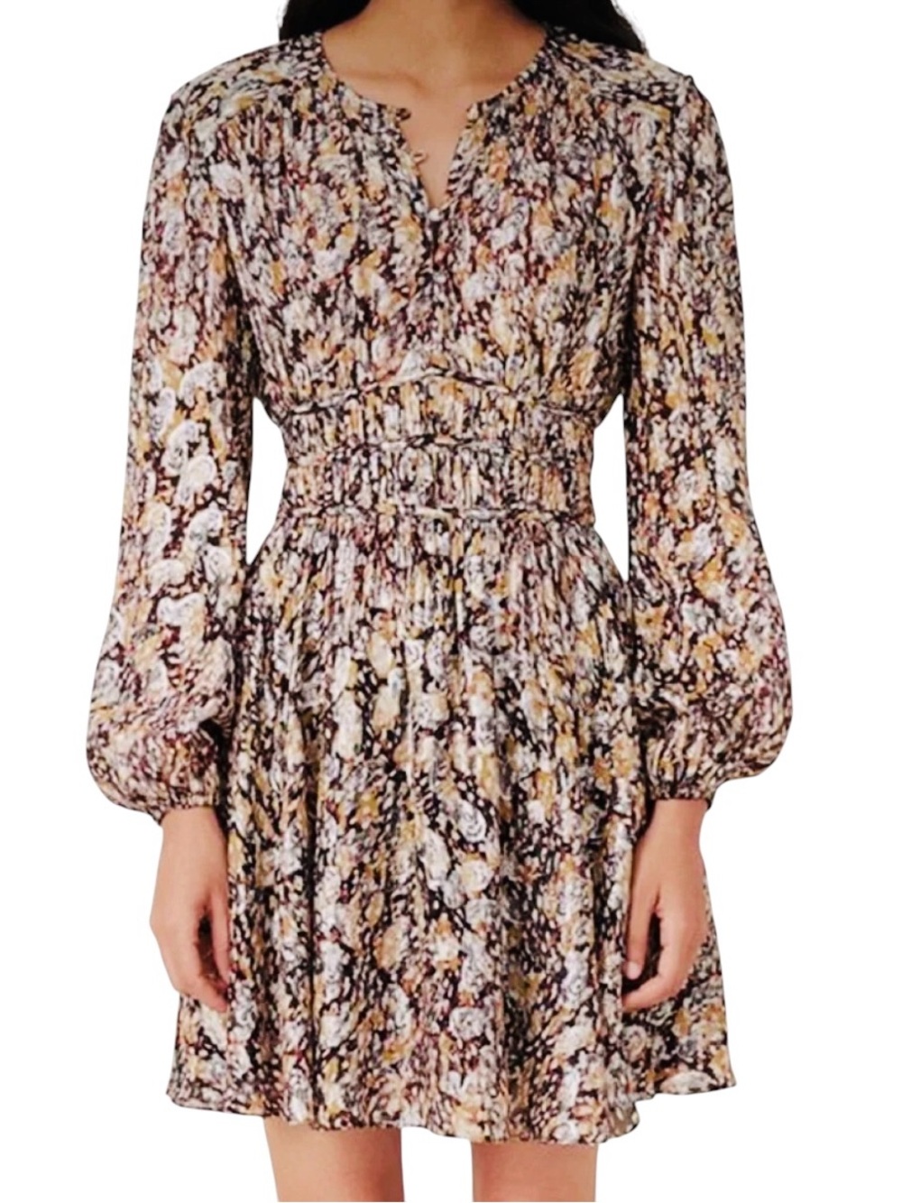 MAJE Gathered Printed Metallic FIL Coupé Dress. Size 4.